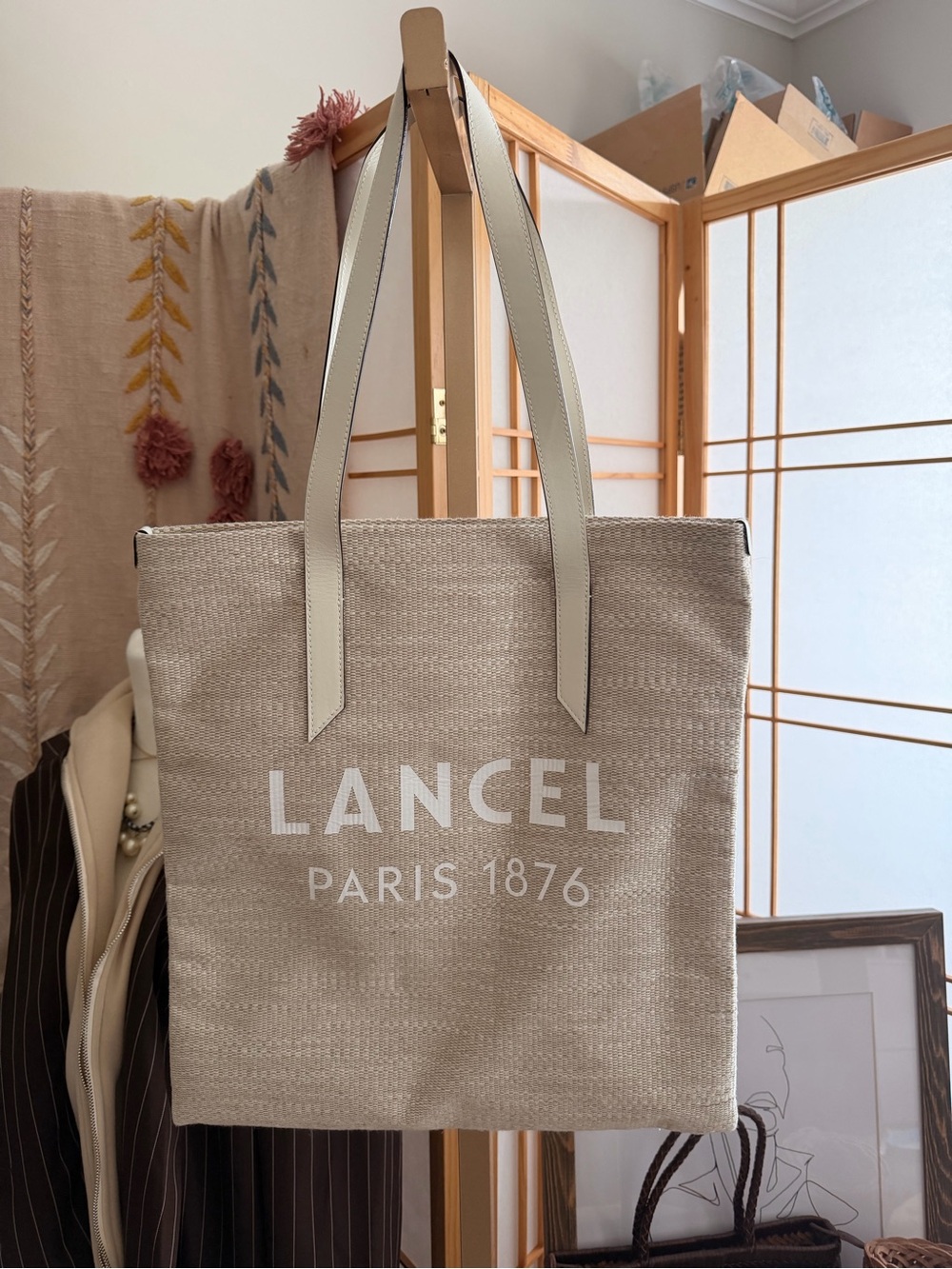 LANCEL Paris 1876 Canvas Tote Bag Cream Ivory Leather Straps Italy
